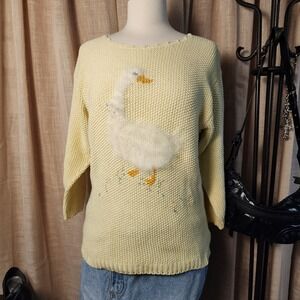 Neuma Vintage Goose Sweater Small Yellow Knit Scalloped Neck 3/4 Sleeve USA Made